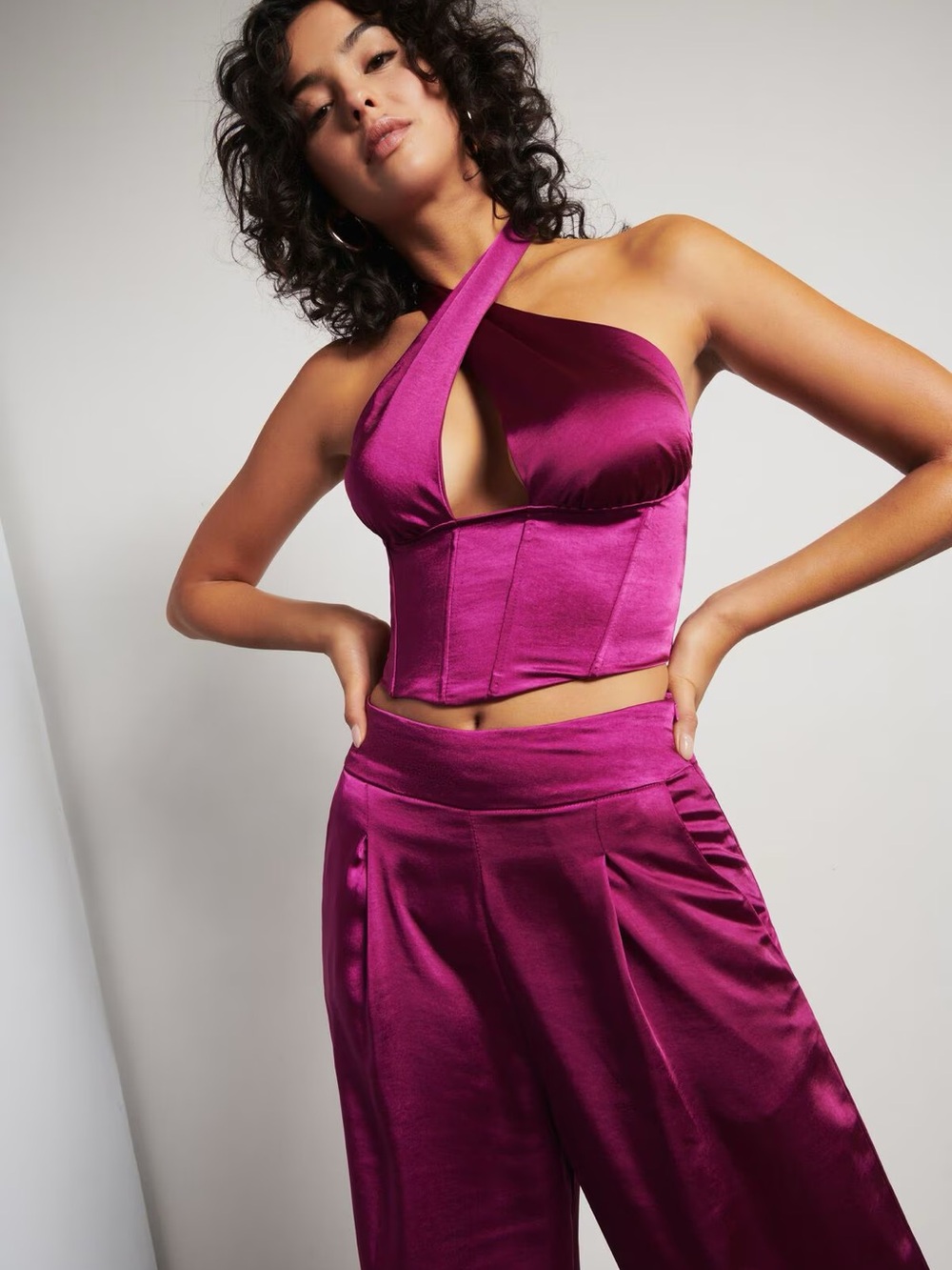 Dynamite Fuchsia Satin Cross-Halter Crop Top